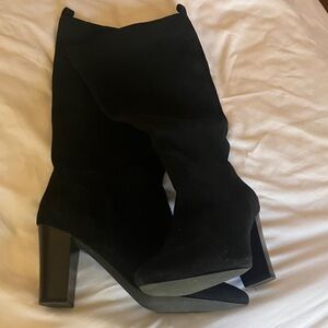 Black Suede Knee-High Heeled Boots